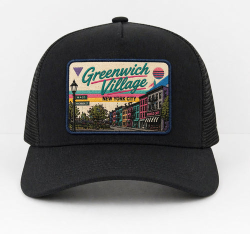 Black Greenwich Village NYC trucker cap with retro patch