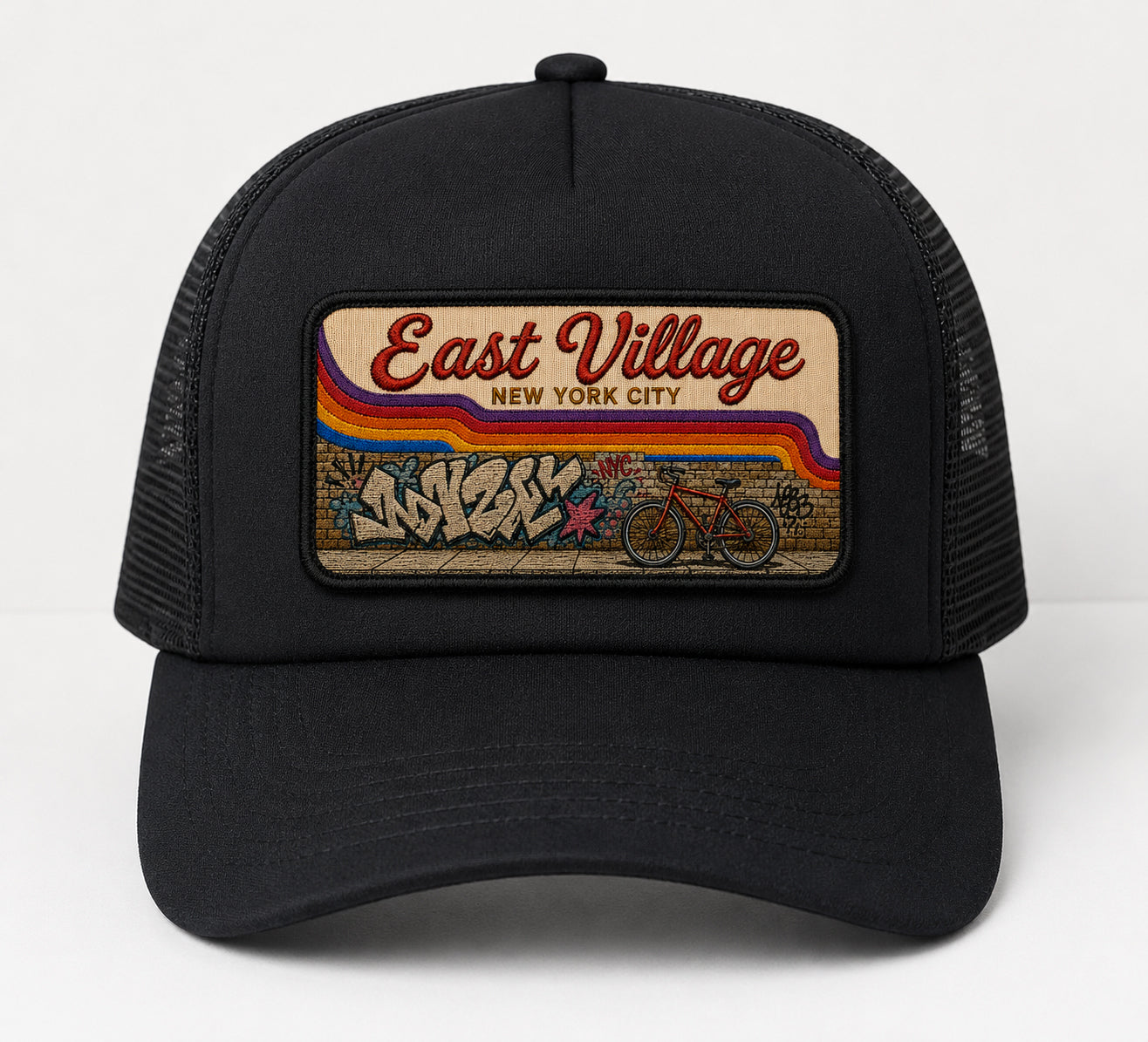 Black East Village NYC trucker cap with retro graffiti patch