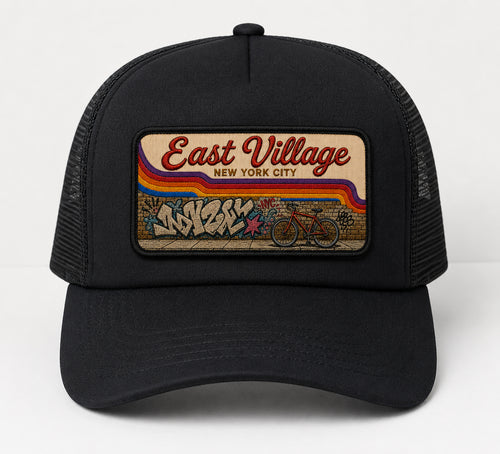 Black East Village NYC trucker cap with retro graffiti patch